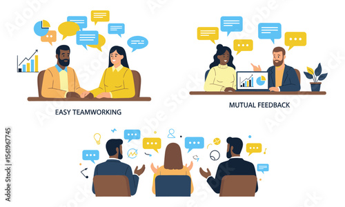 Collaborative Communication and Feedback in Business Settings.  Illustrations of business collaboration: easy teamwork, mutual feedback, and discussions with speech bubbles and data.