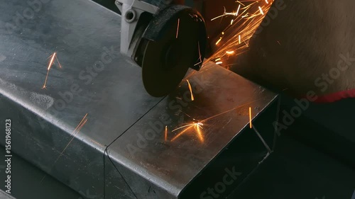 skilled worker cutting an iron pipe with a grinder video with sound