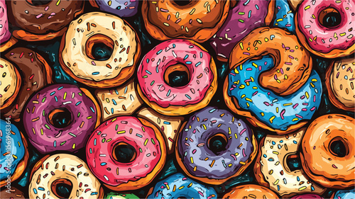 Assorted Glazed Donuts Pattern: Top View Delicious Bakery Sweet Treats Background