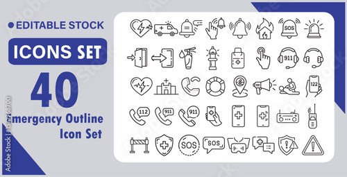Emergency outline icon set. Containing Evacuation, SOS emergency call, ambulance, help, emergency hotline, exit, and more. editable stroke. Vector illustration