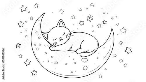 Simple Lines Drawing of a Cute Cat Sleeping on a Crescent Moon