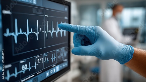 Monitor displaying EKG data with pointing gloved hand and background figure.