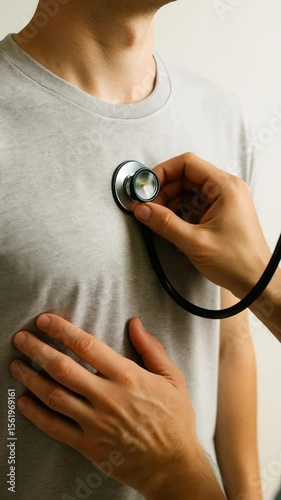 A doctor conducts a routine health checkup, listening to a patient's heartbeat with a stethoscope in a clean medical office. The environment is professional and welcoming.