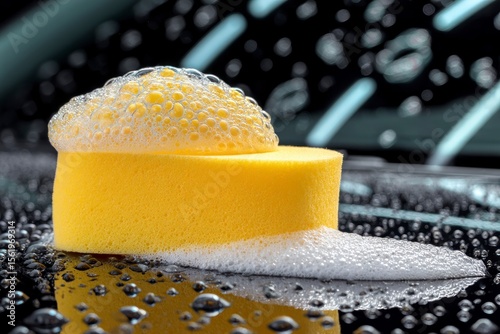 A yellow sponge sits on a wet reflective surface with bubbles on top and below