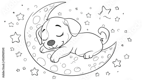 Minimalist Cute Dog Sleeping on Crescent Moon Drawing