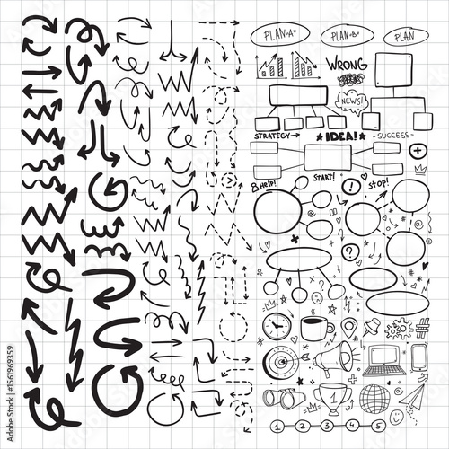 Doodle Elements Pack — Arrows, Speech Bubbles, Scribbles. Large collection of hand-drawn sketch elements including arrows, speech bubbles, scribbles, and icons. Perfect for infographics, presentations