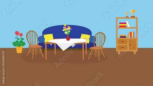 Living room interior with furniture and table. Vector illustration in flat style
