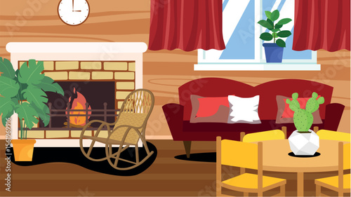Living room interior with fireplace, armchair, pillows and rocking chair. Flat vector illustration.