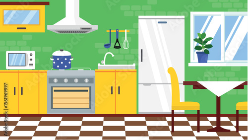 Kitchen interior with furniture and appliances. Flat style vector illustration.