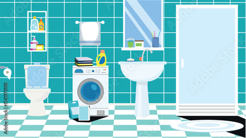 Laundry room interior with washbasin and toilet. Vector illustration.