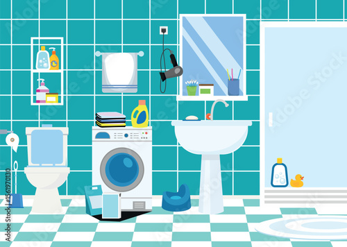 Laundry room with washbasin and washing machine vector illustration