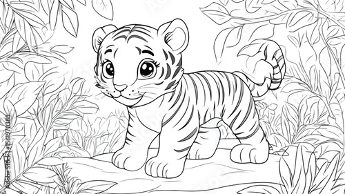 Adorable Cute Tiger Coloring Book Page with Simple Line Drawings for Kids