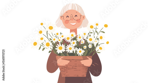 Happy Elderly Senior Woman with Fresh Floral Bun Smiling Joyfully Outdoors