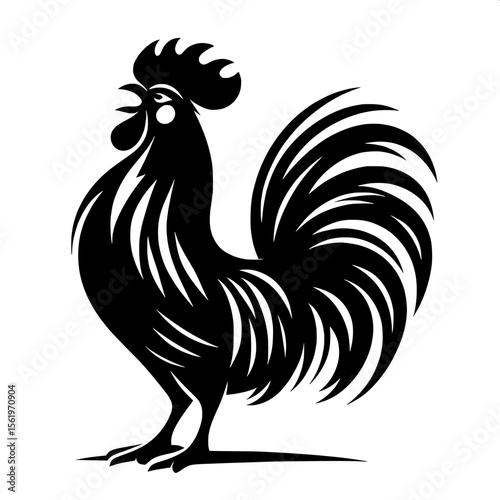 Black and White Vector of a Rooster Crowing Silhouette