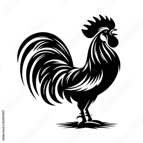 Black and White Vector of a Rooster Crowing Silhouette