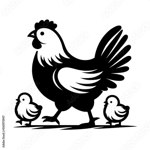 Black and White Vector of a Chicken with Chicks Silhouette