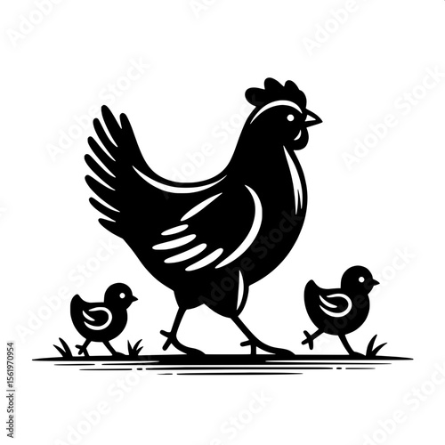 Black and White Vector of a Chicken with Chicks Silhouette