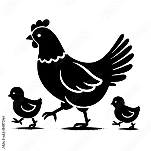 Black and White Vector of a Chicken with Chicks Silhouette
