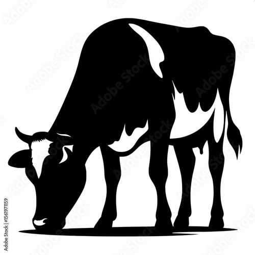 Black and White Vector of a Cow Grazing Silhouette