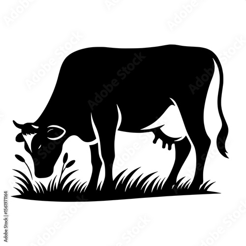 Black and White Vector of a Cow Grazing Silhouette