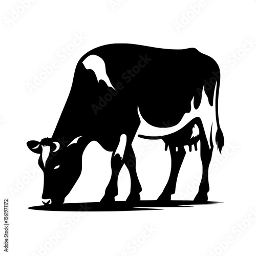 Black and White Vector of a Cow Grazing Silhouette