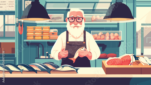 Local Market Fishmonger Selling Fresh Fish at Counter Display