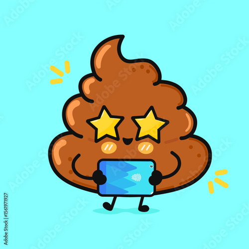A funny cartoon poop emoji with star eyes taking a selfie with a tablet.