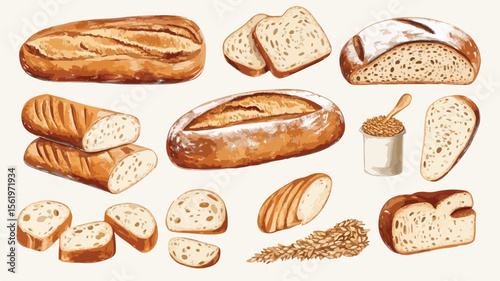 Freshly Baked French Baguette Loaf and Wheat Pieces for Gourmet Bakery Concept