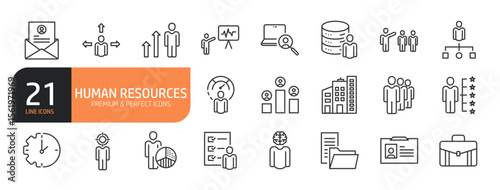 Set of line icons related to Human Resources, Recruitment, Employment, business, office, company, and management and more. Outline icons collection. Editable stroke. Vector illustration.