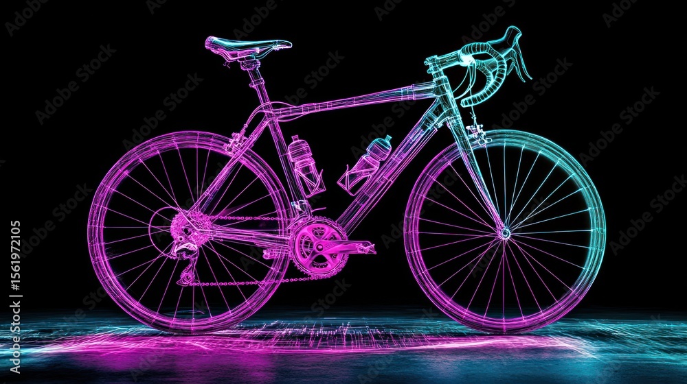 Fototapeta premium Wireframe bicycle, vibrant neon colors. Detailed 3D model