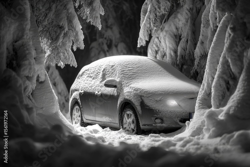 Snow covered car parked between snow laden trees at night vehicle conveyance