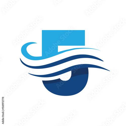 The image shows a flat logo design that depicts a number 5 in blue color combination with three wavy lines cut through the number like a wave that looks clan and modern on a white background

