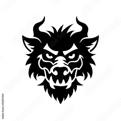 Silhouette of a horned beast head in black and white