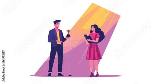 Elegant Award Ceremony for Young Actress Standing with Trophy
