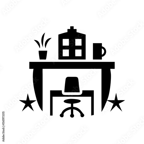 Illustration of a desk with chair and various items