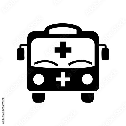 A black and white ambulance front view with crosses icon