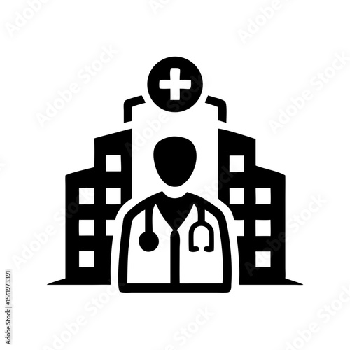 Doctor in front of a hospital building with plus sign