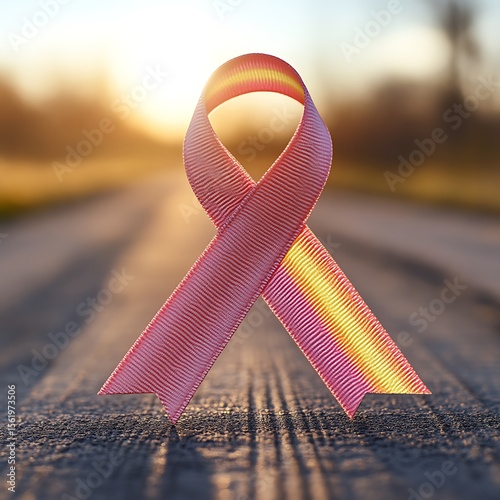 Pink ribbon symbol of hope for breast cancer awareness on a road