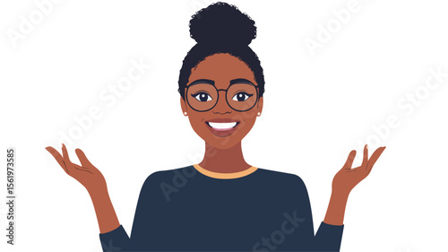 Joyful African American woman promoting, displaying, and demonstrating in professional settings