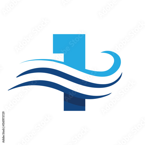 The image shows a flat logo design that depicts a number 1 in blue color combination with three wavy lines cut through the number like a wave that looks clan and modern on a white background