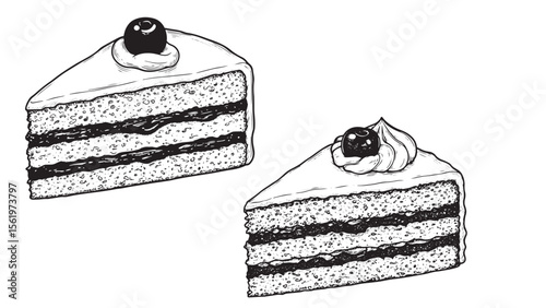 Vintage slice of layered sponge cake with cherry and cream in engraved style illustration