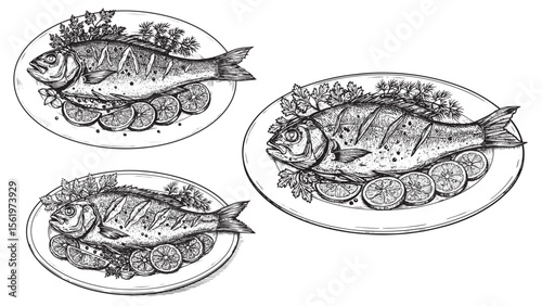 Whole cooked fish served on plate with garnish in detailed vintage engraving style