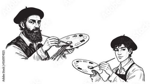 Classic painter with brush and palette in vintage engraving line illustration style