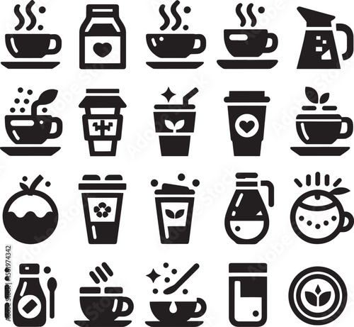 set of coffee cups and tea milk
