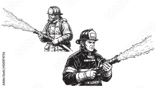 Firefighter in classic uniform holding hose illustrated in vintage engraving style
