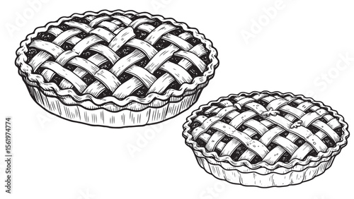 Fruit pie with lattice crust illustrated in detailed vintage engraving style