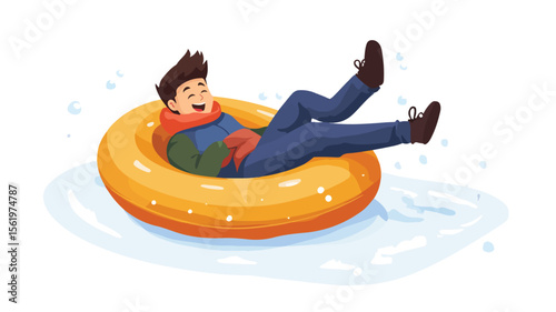Joyful Man Snow Tubing Down Slope: Winter Fun Adventure Image for Creatives