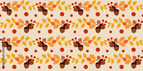 Seamless autumn pattern with acorns, berries and colorful leaves in flat vector style with editable background