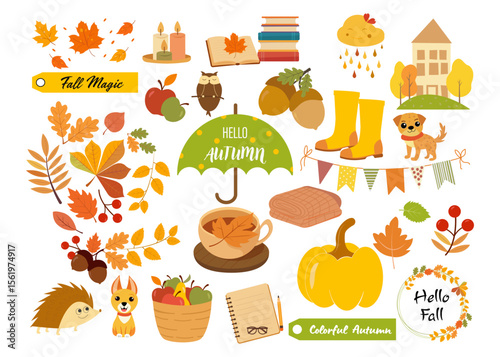 Vector autumn clipart collection with fall leaves, cute animals, pumpkins, berries, cozy items and food. Isolated elements on transparent background