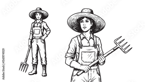 Rural female farmer with hat and tool in vintage engraved farmworker style illustration